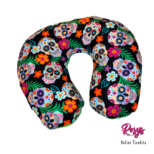 Calacas de Amor Neck Pillow | Sugar Skulls Travel Pillow | Home Accent Pillow